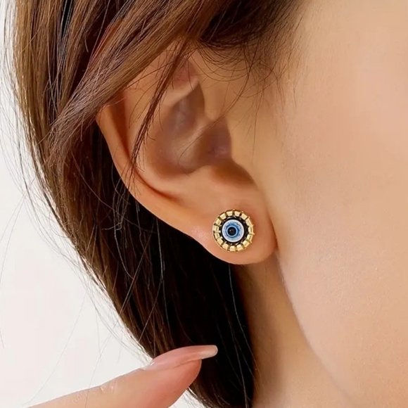 Evil Eye Studs Goldtone Hypoallergenic Earrings NWOT - Picture 3 of 5